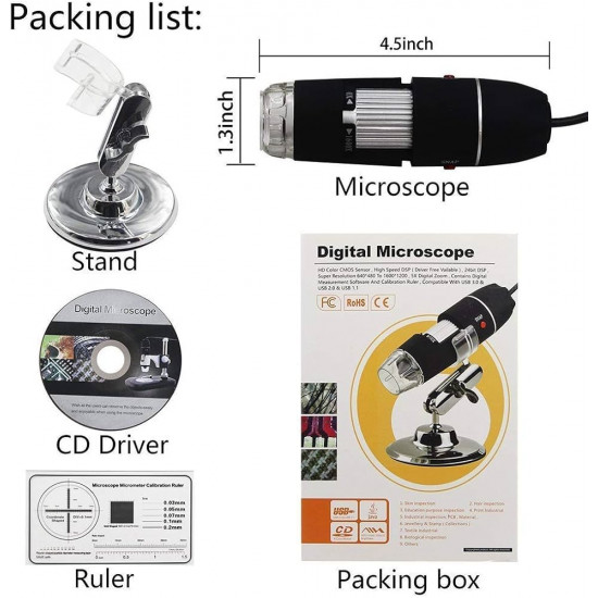 USB Digital Microscope, 50x-1600x Digital Zoom with LED adjustment