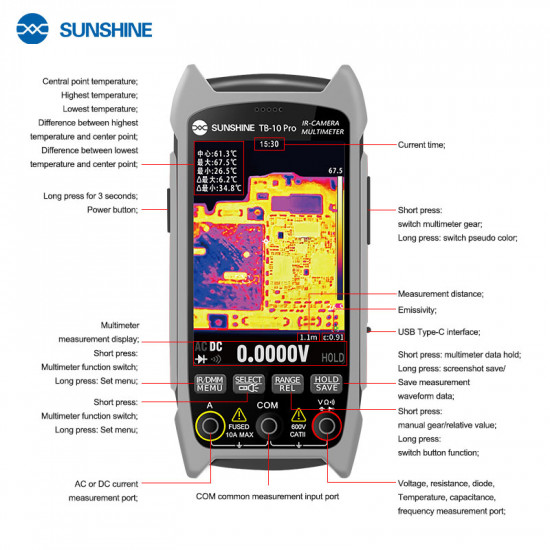 Sunshine TB-10 Pro Handheld Infrared Thermal Imager + Multimeter for PCB Repair & Temp Measurement Sunshine TB-10 Pro Handheld Infrared Thermal Imager + Multimeter for PCB Repair & Temp Measurement